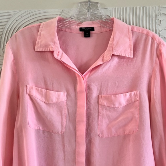 Ann Taylor Women's Silk SZ Medium Pink Button Front Pockets - Picture 5 of 11